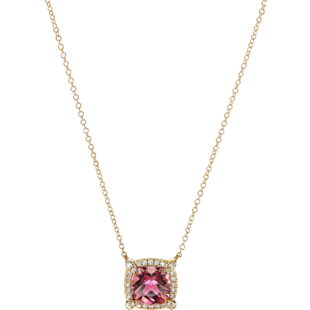 Petite Chatelaine® Pavé Bezel Pendant Necklace in 18ct Yellow Gold with Pink Tourmaline and Diamonds, 7mm