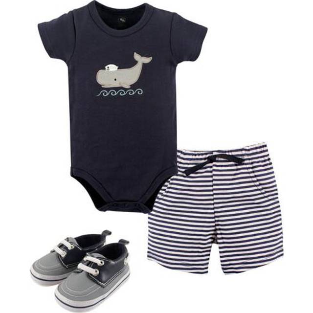 Hudson Baby baby boys Cotton Bodysuit  Shorts and Shoe Layette Set  Blue Sailor Whale  3-6 Months US