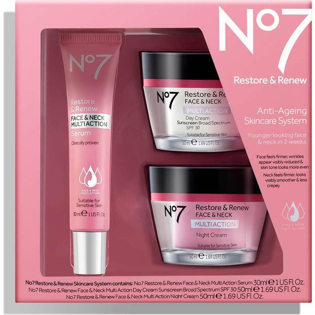 No7 Restore & Renew Face & Neck Multi Action Skincare System - SPF 30 Day Cream with Vitamin C & Collagen Peptides + Anti Aging Facial Serum + Hy