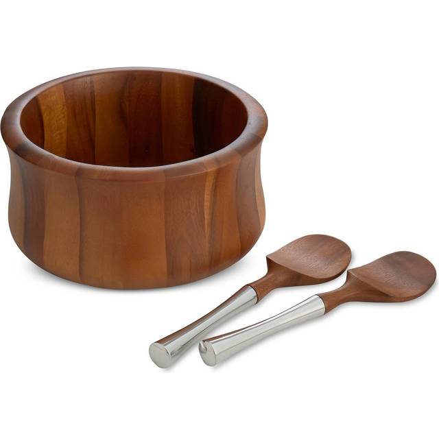 "Nambe - Nara Collection Natural Acacia Wood Salad Bowl and Servers with Nambe Alloy Handles (10.5"""""""""""""""" x 5.5"""""""""""""""")"
