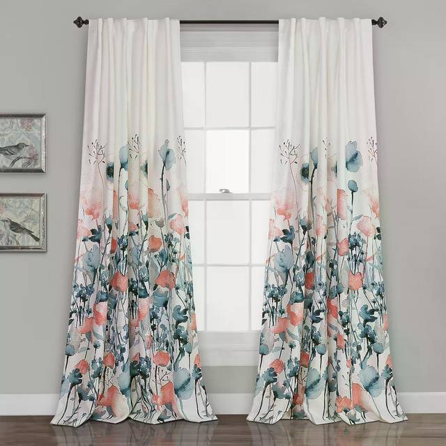 Lush D?COR Zuri Flora Curtains Light Filtering Window Panel Set for Living  Dining  Bedroom (Pair)  84 x 52 in  Blue and Coral  2 Count