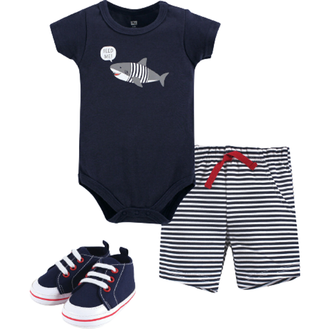 Hudson Baby Unisex Baby cotton Bodysuit  Shorts and Shoe Set Blue Shark  9-12 Months