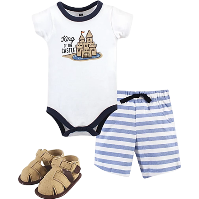 Hudson Baby Unisex Baby Cotton Bodysuit  Shorts and Shoe Set  Sandcastle  3-6 Months