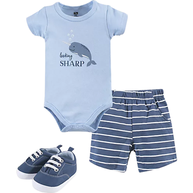 Hudson Baby Unisex Baby Cotton Bodysuit  Shorts and Shoe Set  Narwhal  9-12 Months