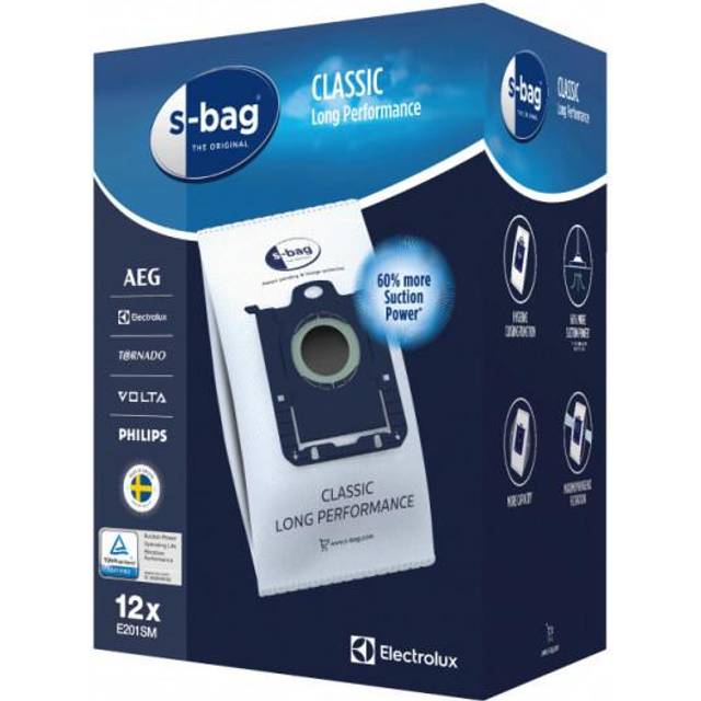 Electrolux E201SM s-bag Staubbeutel Classic Long Performance (Megapack, 12 Staubsaugerbeutel für dauerhaft hohe Saugleistung, optimale Filtration, Hygieneverschluss, 60% mehr Saugkraft, weiß)