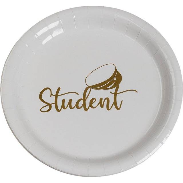 Student Papperstallrik Vit/Guld 8-pack