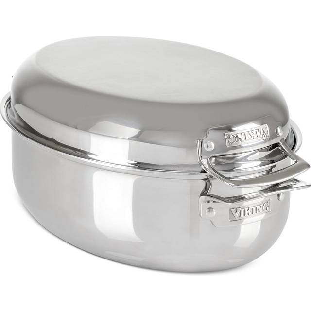 Viking Culinary Viking 3-Ply Oval Roaster 8.5-Quart with Metal Induction Lid and Rack in Silver