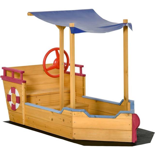 Outsunny Kids Wooden Sand Pit Sandbox Pirate Sandboat Outdoor With Canopy Shade - Orange, Orange