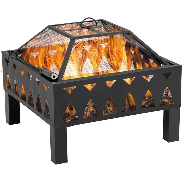 Outsunny Outdoor Fire Pit with Screen Cover & Poker, Log Burning Firebowl, Black