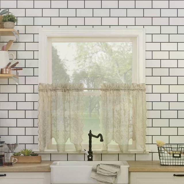 No. 918 Alison-Tr Floral Lace Sheer Rod Pocket Kitchen Curtain Tier Pair  58 x 36  Stone
