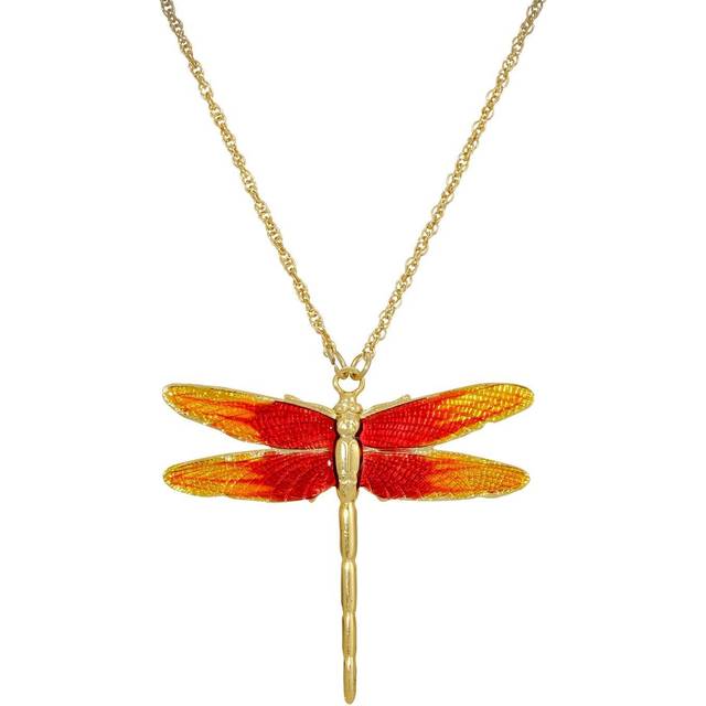 Gold-Tone Orange Enamel Dragonfly Pendant Necklace 16"Adj. - Natural (One Size)