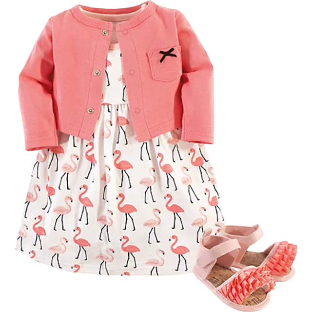 Hudson Baby Baby Girl Cotton Dress  Cardigan and Shoe Set  Flamingos  6-9 Months