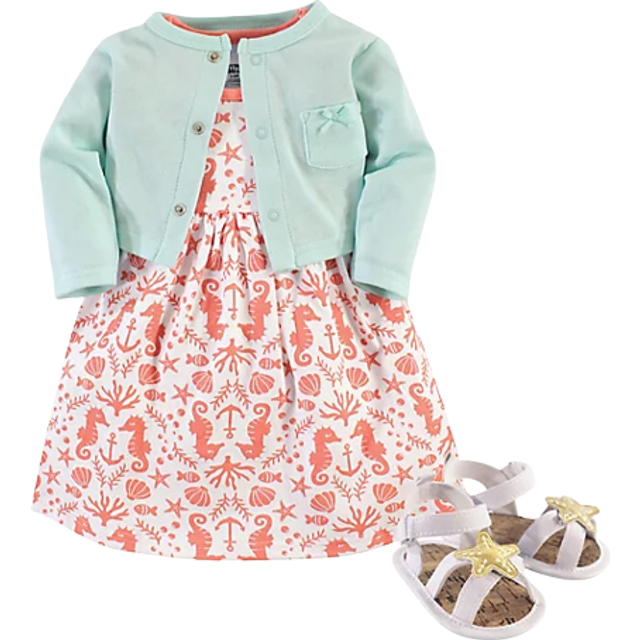 Hudson Baby Baby Girl Cotton Dress  Cardigan and Shoe Set  Sea  0-3 Months