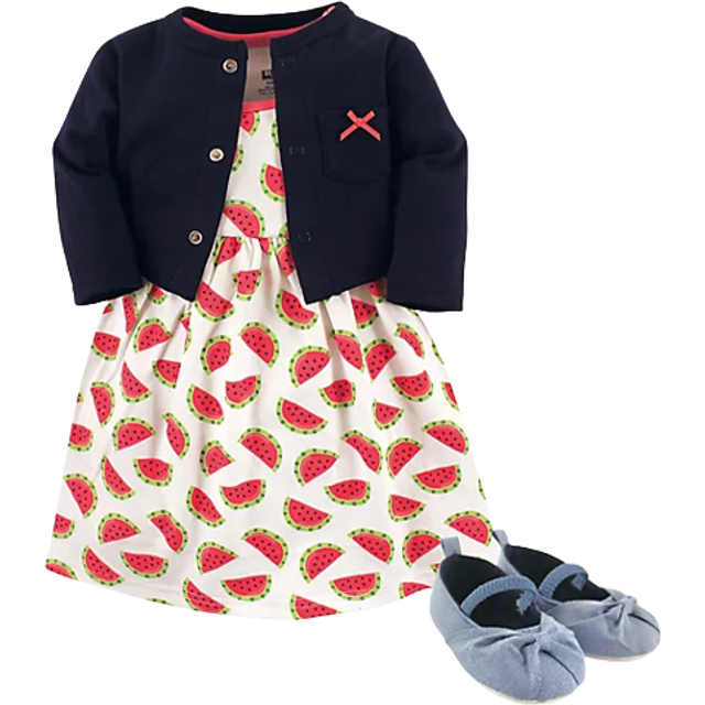 Hudson Baby Baby Girl Cotton Dress  Cardigan and Shoe Set  Watermelon  0-3 Months