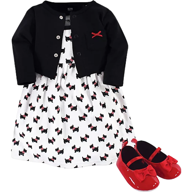 Hudson Baby Baby Girl Cotton Dress  Cardigan and Shoe Set  Scottie Dog  3-6 Months