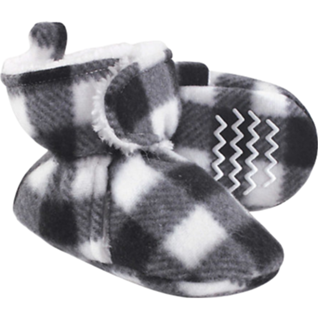 Hudson Baby Unisex Baby Cozy Fleece and Faux Sherpa Booties  Black White Plaid  12-18 Months