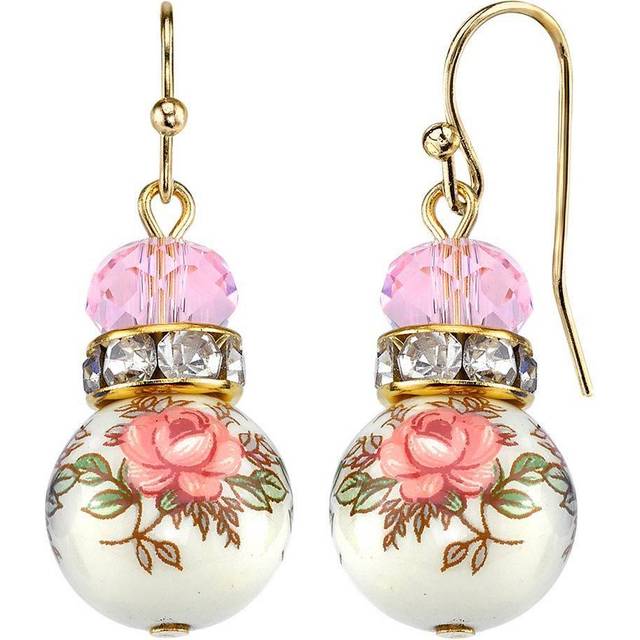 1928 Jewelry Pink Floral Decal Beaded Drop Earrings
