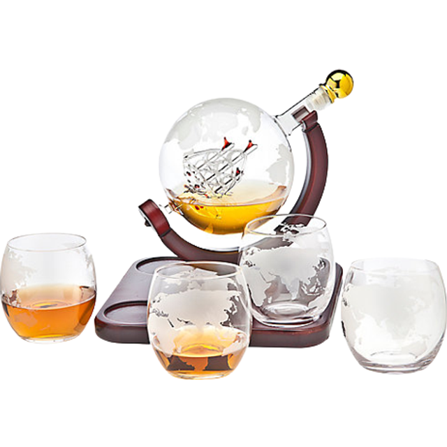 Whiskey Decanter Globe Set with 4 Etched Globe Whisky Glasses for Liquor, Scotch, Bourbon, Vodka, Gifts for Men - 850ml