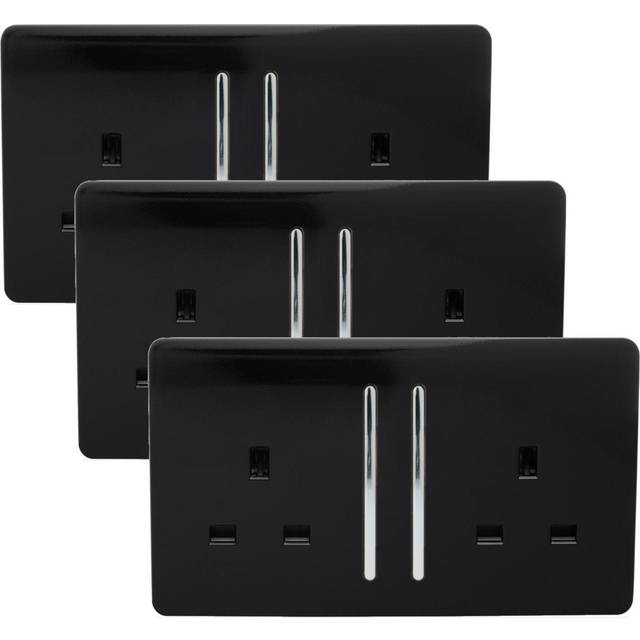 Trendi 2 Gang 13 Amp Switched Socket Long Rocker, Pack of 3 - Black, Black