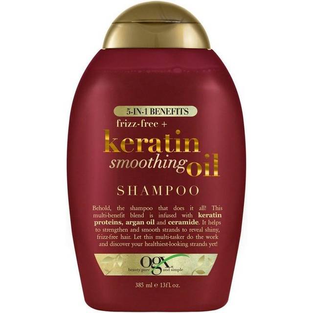 OGX Frizz-Free + Keratin Smoothing Oil Shampoo, 5 in 1, for Frizzy Hair, Shiny Hair, 13 Fl Oz