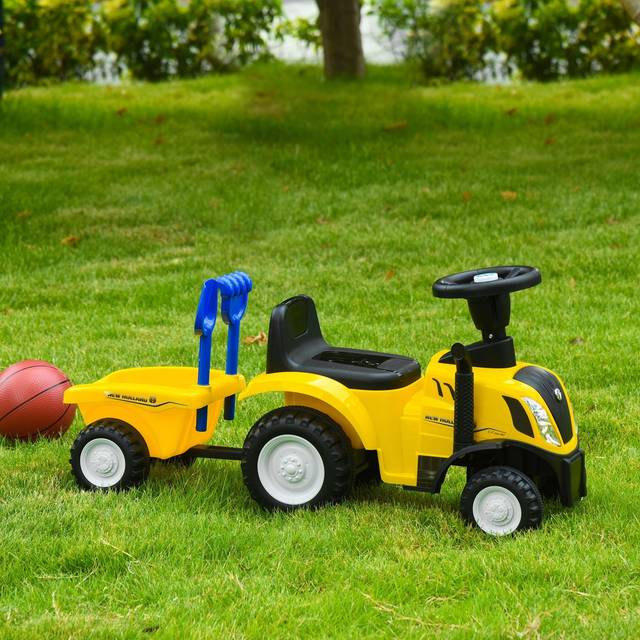 Homcom Compatible Baby Toddler Sliding Car New Holland Licensed Foot To Floor Slider W/ Horn Storage Big Steering Wheel For 12-36 Months Yellow