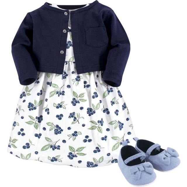 Hudson Baby Baby Girl Cotton Dress  Cardigan and Shoe Set  Blueberries  9-12 Months
