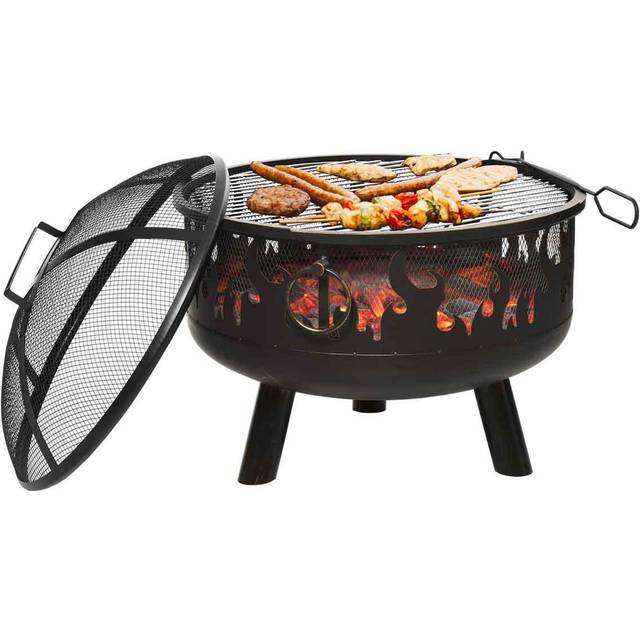 Outsunny Metal Firepit Bowl Outdoor 2-In-1 Round Fire Pit w/ Lid, Grill, Poker, Handles for Backyard, Camping, BBQ, Bonfire, Wood Burning Stove, 61.5