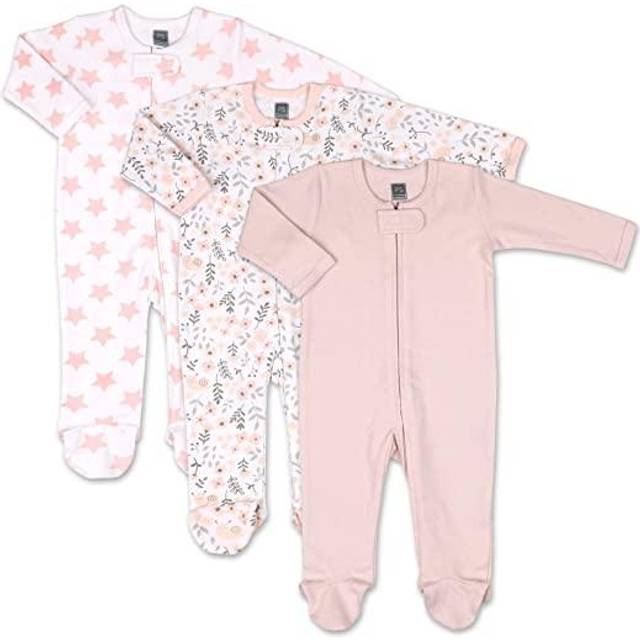 The Peanutshell Flowers & Stars 3 Pack Footed Sleepers for Baby Girls Newborn Pink