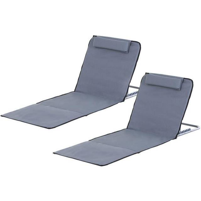 Outsunny 2 Pieces Outdoor Beach Mat Steel Reclining Chair Set w/ Pillow Grey | TJ Hughes