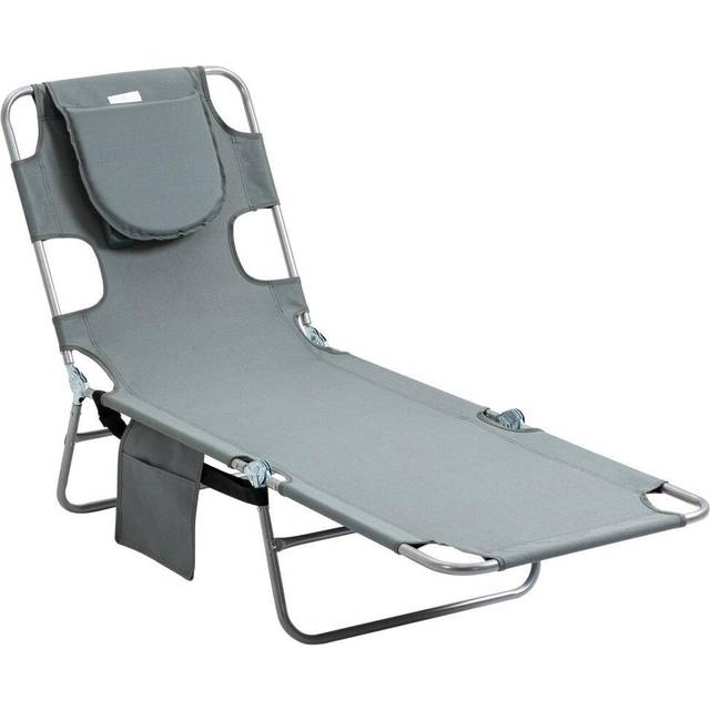 Outsunny Beach Chaise Lounge Portable Adjustable Backrest w/ Face Cavity Grey, Grey