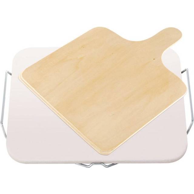 Leifheit Large Square Ceramic Pizza Stone with Carrying Tray and Wooden Spatula  Gray