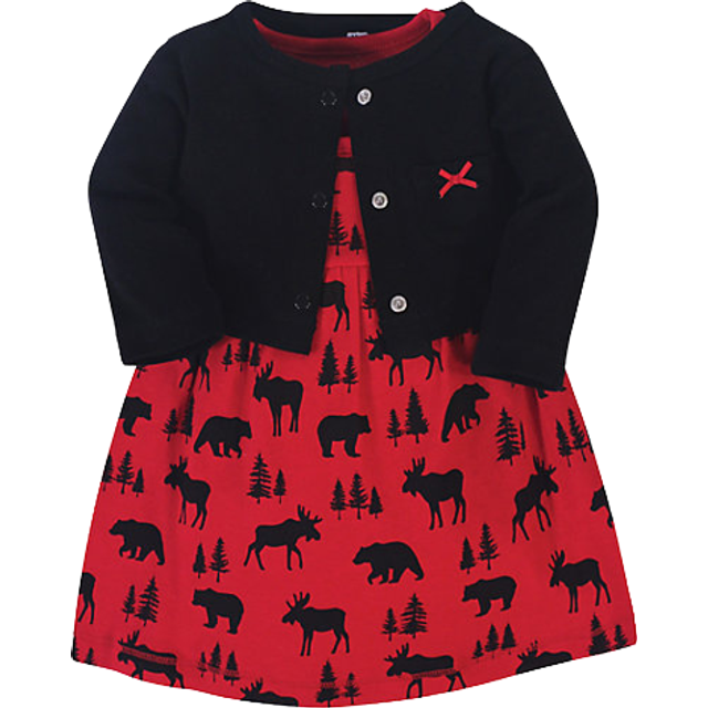 Hudson Baby Girls' Cotton Dress and Cardigan Set  Red Moose Bear  12-18 Months
