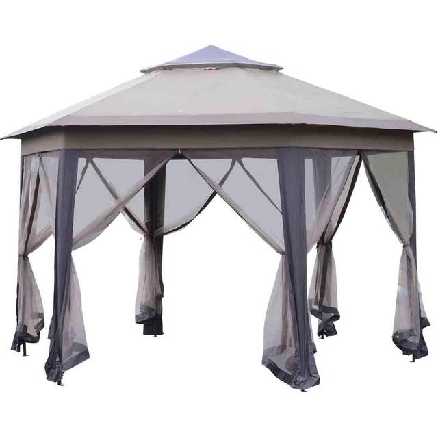 Outsunny 4x4m Hexagon Gazebo w/ Metal Frame Mesh Curtains Outdoor Garden - Beige | TJ Hughes