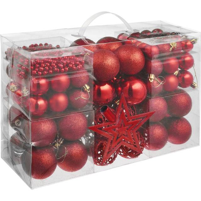 Christmas Decorations - 84 red baubles, string of beads, star tree topper - red