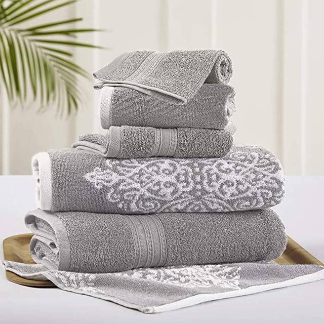 Amrapur Overseas | Artesia Damask 6 Piece Reversible Yarn Dyed Jacquard Towel Set Grey
