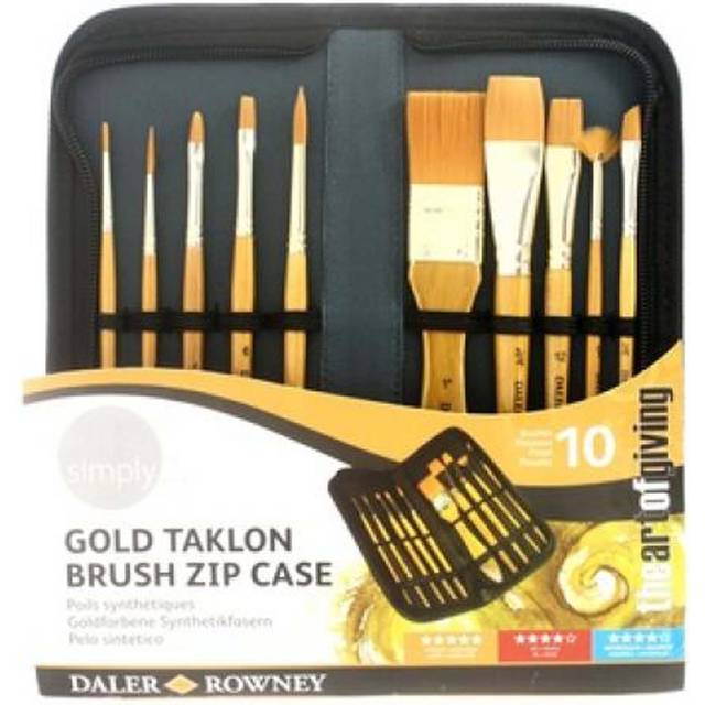Daler Rowney : Simply : Short Handled Acrylic Gold Taklon Brush : Set of 10 Brushes with Zip Case