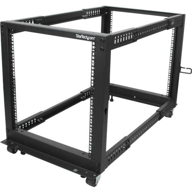 StarTech.com 4-Post 12U Mobile Open Frame Server Rack Four Post 19" Network Rack with Wheels Rolling Rack with Adjustable Depth for Computer/AV/Data/IT Equipment - Casters Leveling Feet or Floor Mounting