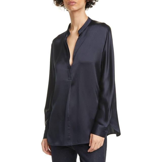 Silk Band-Collar Blouse - BLUE - X-Small