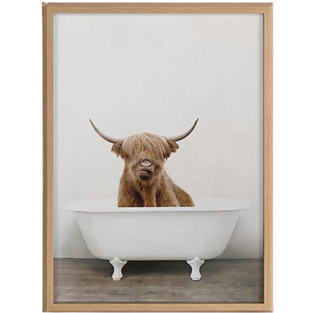 Kate and Laurel Blake Highland Cow in Tub Color Framed Printed Glass Wall Art by Amy Peterson Art Studio  18x24 Natural  Farmhouse Inspired Animal Art