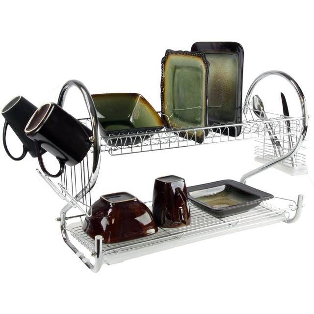Mega chef Two Shelf Metal Dish Rack with Easily Removable Plastic Draining Tray  6 cup Hangers and Utensil Holder for Kitchen countertop
