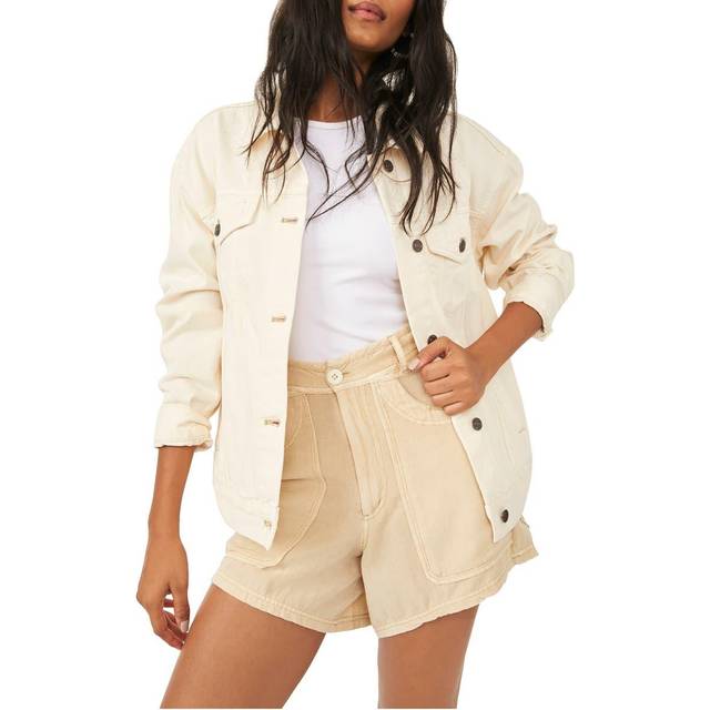 FREE PEOPLE Womens Jolene Trucker Denim Jacket In Ecru Size: S, Colour: Beige Fabric