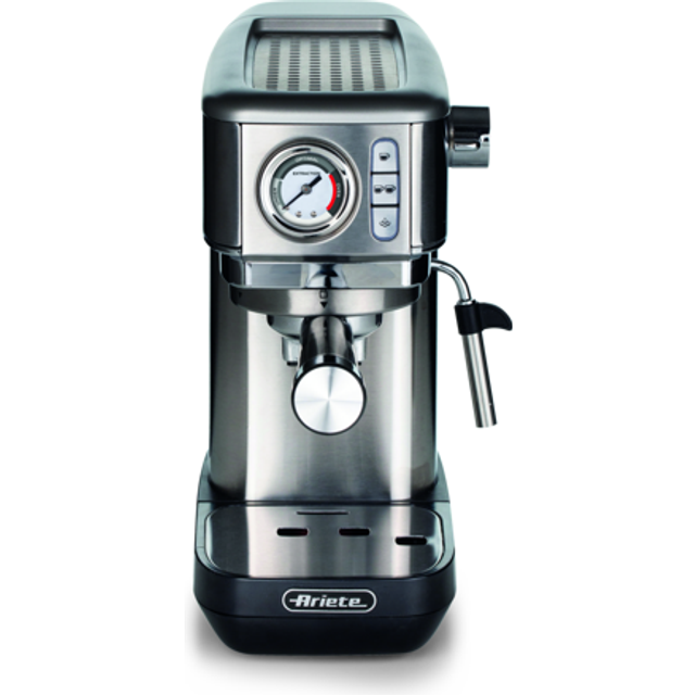 Ariete Espresso Slim Metal 1381, kaffemaskin med manometer, kompatibel med kaffepulver och ESE-kuddar, 15 bar Maximum, 1 eller 2 koppfilter, cappuccinomunstycke, 1 300 W, silver