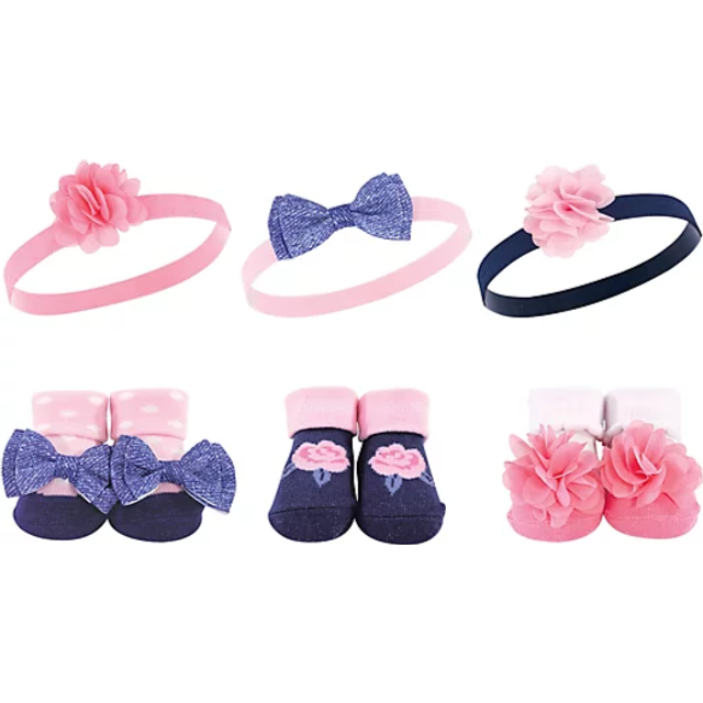 Hudson Baby Unisex Baby Headband and Socks Gift set  Pink Navy Flower  One Size