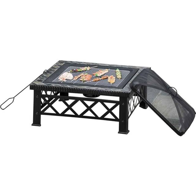 Outsunny Square Garden Fire Pit w/ Poker & Mesh- Black, Black