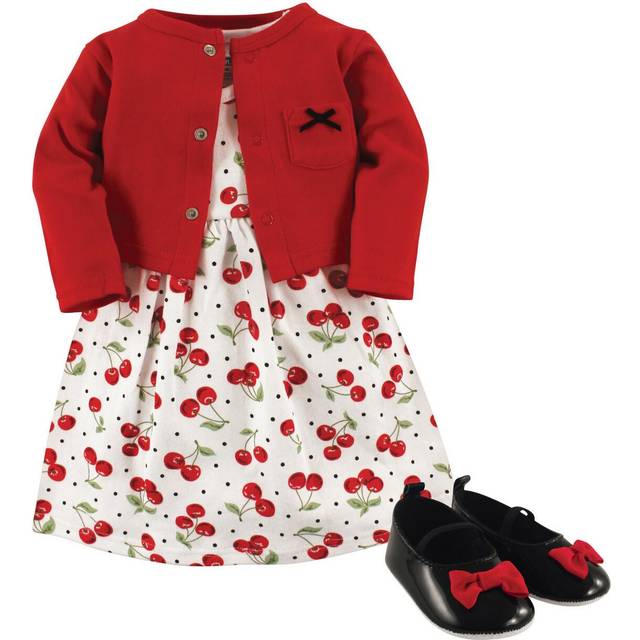 Hudson Baby Baby Girl Cotton Dress  Cardigan and Shoe Set  Cherries  9-12 Months