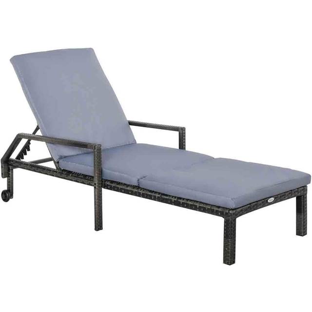 Outsunny Rattan Wicker Chaise Sun Lounger Garden W/Adjustable Backrest & Wheels