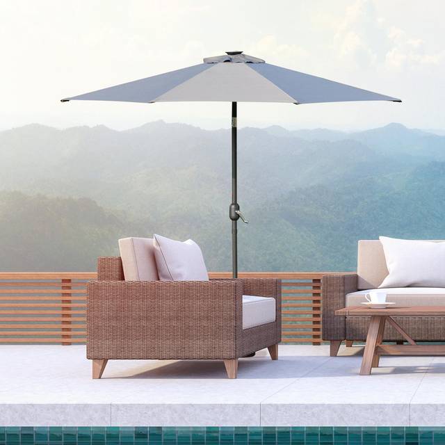 Outsunny 2.7m Garden Parasol, Patio Led Umbrella With Push Button Tilt/crank 8 Rib Sun Shade For Outdoor Table Market Umbrella Grey