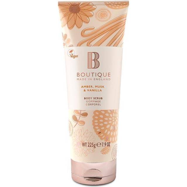 Boutique Amber, Musk & Vanilla Fragrance Body Scrub, 225ml Exfoliating Body Scrub, Refreshing - Essential Oils - Vegan and Cruelty Free, No SLS or