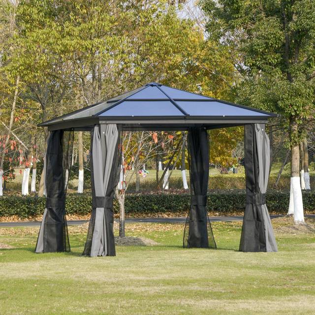 Outsunny 3 X 3(m) Hardtop Gazebo With Uv Resistant Polycarbonate Roof & Aluminium Frame, Garden Pavilion With Mosquito Netting And Curtains