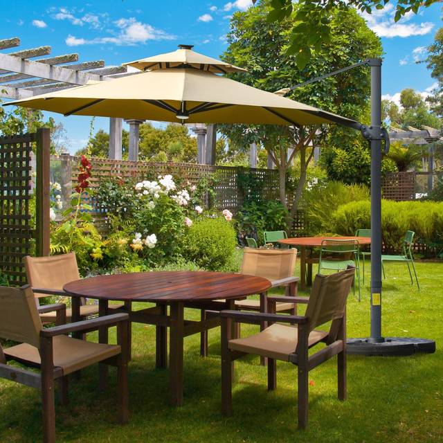 Outsunny 3m Cantilever Parasol w/ Solar Lights Power Bank Cross Base Adjustable Canopy 360° Spin Outdoor Garden Umbrella 2-Tier Roof Sun Shade Khaki